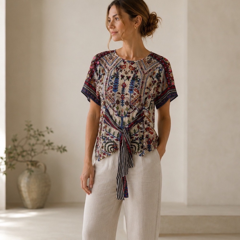 Anthropologie Vineet Bahl Meknes Blouse Womens XS Embroidered Tie Front Boho Top